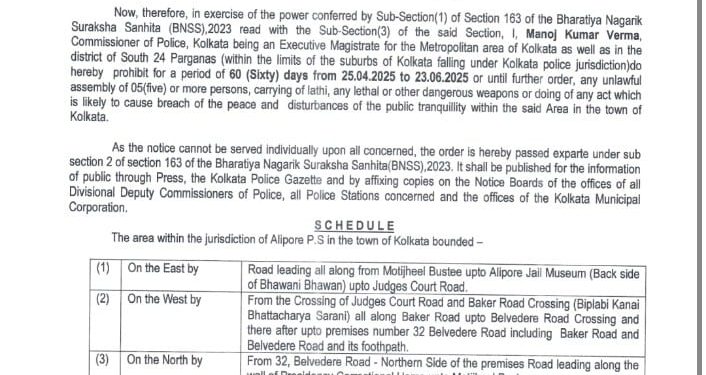 কলকাতার ৮টি রাস্তায় জারি হল ১৪৪ ধারা: তিন মাসের জন্য পাঁচজনের বেশি জমায়েত নিষিদ্ধ, লাঠি-অস্ত্র বহনেও নিষেধাজ্ঞা
